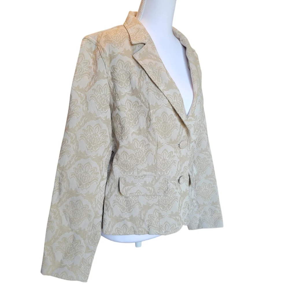 Liz Claiborne Crazy Horse Cream Tan Brocade Style Button Up Blazer Jacket